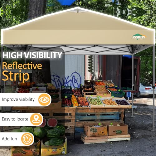 COBIZI Canopy 10x10 Pop Up Canopy Tent 1-Button Push Easy up Outdoor Canopy Instant Portable Commercial Shelter Waterproof UPF50+ Gazebo with Reflective Strip, Air Vent & 4 Sandbags,Khaki - color: Khaki(1-year warranty), size: 10x10ft With No Sidewalls