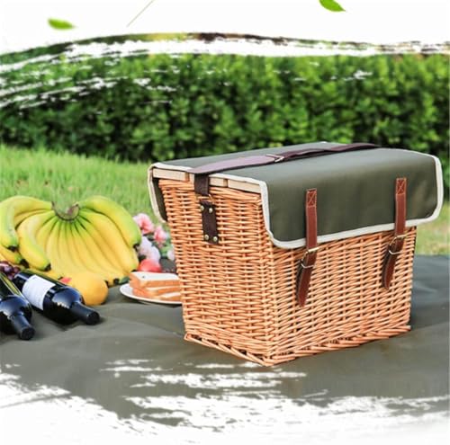 Rattan Picnic Basket Set with Shoulder Strap - Portable Insulated Outdoor Picnic Box with Cover & 4-Piece Camping Tableware