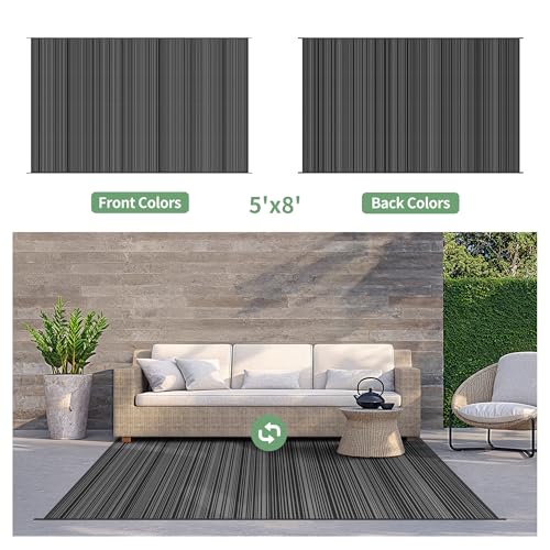 GENIMO Outdoor Rug 5x8 ft Waterproof, Reversible Plastic Straw Patio Rug for RV Camping Mat, Deck, Backyard Balcony Mat - Lightweight & Easy to Clean, BlackGray - color: Blackgray, size: 5' x 8' (Rectangular)