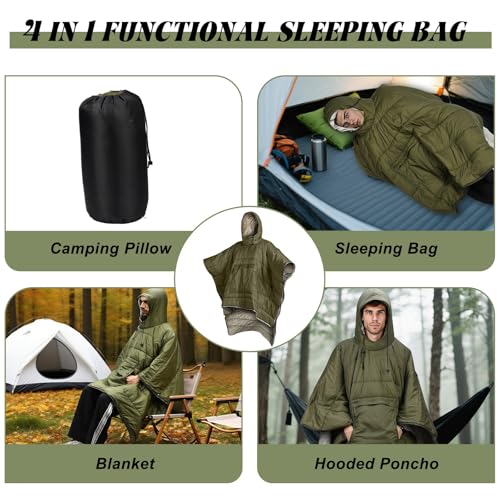 Camping Blanket Poncho Wearable Hoodie Blankets, Waterproof Warm Portable Windproof Durable for Stadium Beach Picnic Car Travel Concerts, Green 79 * 55 inch