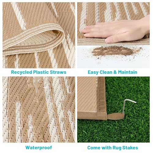 HEBE Outdoor Rug 8'x10' for Patios Clearance, Waterproof Reversible Plastic Straw Rug Camping Mat, Indoor Outdoor Area Rugs Carpet for Deck, Porch, RV, Picnic, Balcony - color: Stripe/Beige, size: 8' x 10' (Rectangular)