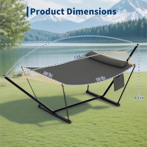 Garvee 2 Person Outdoor Hammock with Stand, Heavy Duty Portable Double Hammock with Balance Rope, MAX 450 LBS Capacity for Patio, Backyard, Garden, Beach - color: Dark Gray, size: Straight Rod Shaped
