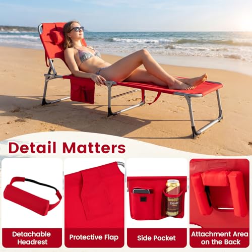 COSTWAY Tanning Chair with Face Hole, Folding Beach Lounge Chair with 4-Position Adjustable Backrest, Pillow & Side Pocket, Foldable Chaise Lounge Chair Outdoor for Sunbathing, Camping (1, Red) - color: Red