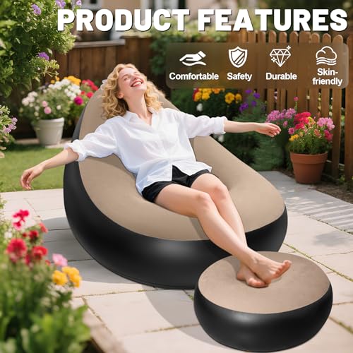 Inflatable Chair for Adults,Portable Inflatables Chairs with Ottoman,Flocked Surface inflatables Couch,Waterproof Blow Up chair,Comfortable inflatable Couch for Camping,Gaming(Without Pump)1PK