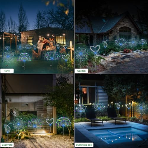 Slyuexu Solar Garden Lights Outdoor Waterproof, 2 Pack 120 LED Solar Firework Lights Decorative Garden Décor Outside for Flowerbed Pathway Party Halloween Christmas Decorations, Green + Purple - color: Green + Purple, size: 2 Pack