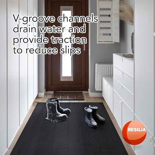RESILIA Black V-Groove Utility Runner - Waterproof Vinyl Floor/Surface Protector, Heavy Duty Mats, Indoor Hardwood, Hard Floors, Garage, Hallway, Entryway, Kitchen, & Outdoor, 36” x 12’, Made in USA - size: 36" x 144"