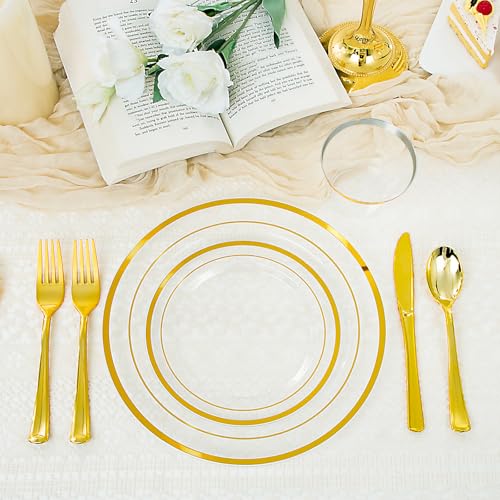 150 PCS Clear Gold Disposable Dinnerware Set for 25 Guests, Clear and Gold Plastic Plates for Party, 25 Dinner Plates, 25 Salad Plates, 25 Cups, 25 Spoons Forks Knives for Wedding and Party Supplies - color: Clear Gold, size: 25 Guests