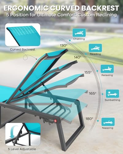 Aluminum Chaise Lounge Chair Outdoor, Foldable& No Assembly Patio Pool Lounge Chairs 5-Position Recliner for Outside, Fully Grounded Legs Sun Lounger for Poolside, Lake Blue, 2 Pack - color: Lake Blue, size: 2