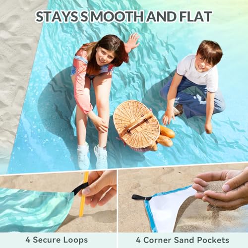Beach Blanket, Waterproof Sandproof Beach Mat with Stakes and Inflatable Camping Pillow, 79" X 83" Quick Drying Lightweight & Durable Outdoor Picnic Mat with 4 Corner Pockets for Beach Camping - color: Sea Fish