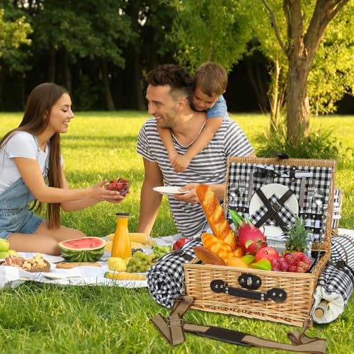 Picnic Basket for 2 with Blanket, Willow Picnic Basket Set with Shoulder Strap&Wine Pouch, Large Willow Hamper with Insulated Cooler for Outdoor, Camping, Beach, Couples, Wedding Gift - color: Black and White Grid