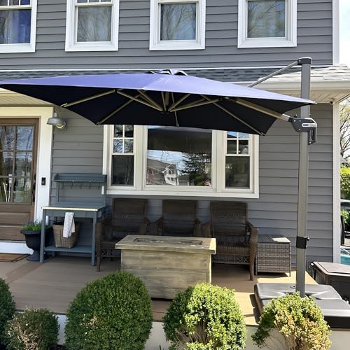 PURPLE LEAF 8’ X 8‘ Patio Umbrella Outdoor Cantilever Umbrella, Aluminum Offset Umbrella with Champagne Frame and 360° Rotation for Pool Deck Garden, Navy Blue - color: Navy Blue, size: 8' x 8'
