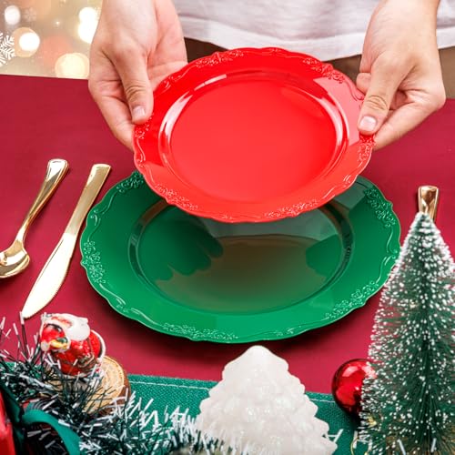U-QE 100Pcs Christmas Plastic Plates - Green and Red Plate Disposable for Party, Plastic Christmas Plates Disposable Include 50 Red Dessert Plate, 50 Green Dinner Plate Suite for Party - color: Green Red