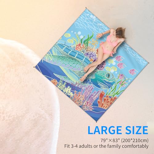Beach Blanket Waterproof Sandproof Large Beach Mat 79" X 83" for 2-4 Adults Sand Free Mat Quick Drying,Lightweight & Durable with 4 Stakes & 4 Corner Pockets for Beach Travel Camping.(Sea Turtle) - color: Sea Turtle, size: 79" X 83"