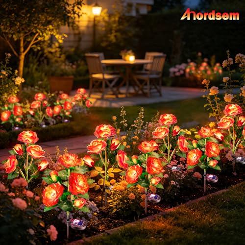 Anordsem Solar Garden Lights Outdoor: 10 Waterproof Fabric Roses 2 Pack - Red LED Flower Decorations for Yard Patio Path Cemetery Grave - Mother 's Day Gift for Her Women Mom Wife - color: Red, size: 2 Pack (LED luminous white)