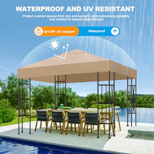 10x10 Gazebo Canopy Replacement Top, 300D High-Density Waterproof Single Layer Gazebo Cover with Heavy Duty Sun Shade Canopy, Folded UV Blocking Canopy Roof for Outdoor Patio Garden Tent Top (Khaki) - color: Khaki