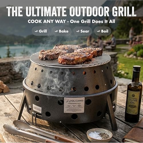 Volcano 3 Collapsible Portable Grill/Stove, Propane, Charcoal and Wood, 19500 BTU Burner, 13 Inch Cooking Surface, Camping Stove for Backpacking, Hiking, Picnic and BBQ, Carry Bag and Hose Included - style: Volcano 3 – Base Grill