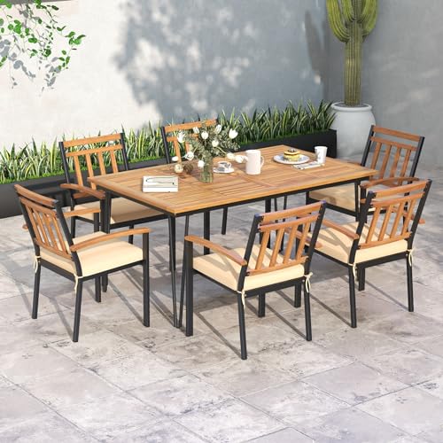 Tangkula 63" Large Patio Dining Table for 6, Acacia Wood 6-Person Dining Table with 2" Umbrella Hole & Metal Legs & Adjustable Foot Pads, Rectangular Outside Table for Garden, Poolside & Backyard - size: 63"