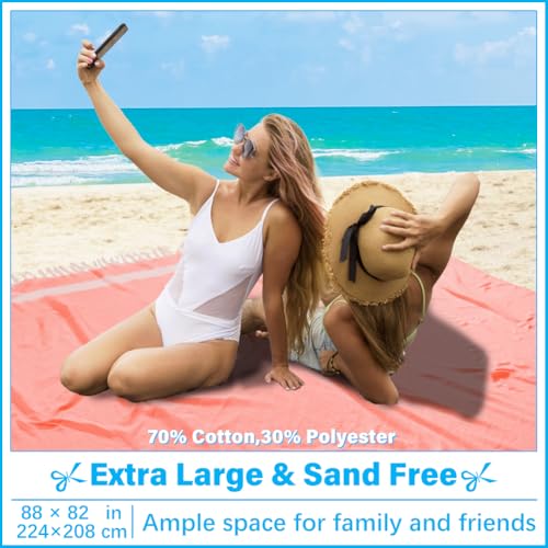 Oversized Turkish Beach Towel Blanket XXL Cotton Sandproof Towels Boho Woven Extra Large Big Sand Free Giant Throw Blankets Huge Quilt XL Picnic Camping Necessities Cloud For Adult Gifts Coral - color: Woven Coral, size: XXXL(88x82 IN,224x208 CM)