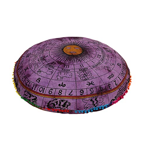 Horoscope Mandala Cotton Floor Pillow Cover Meditation Cushion Seating Throw Hippie Round Handmade Home Decorative Bohemian Ottoman Poufs Pom Pom Pillow Cases Boho Dog Pets Bed Yoga Decor