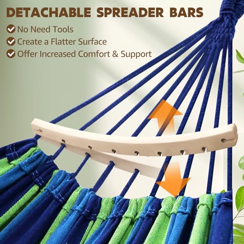 Chihee Cotton Hammock Holds Up to 660lbs Fabric Hammock 8.9x4.9ft Soft Portable Tree Hammocks Camping with Detachable Spreader Bar Pillow 2 Strong Webbings 2 Carabiners Indoor Outdoor Backyard Garden - color: Blue/Green Stripes, size: 270x150cm