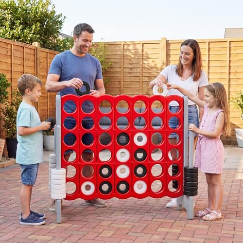 COSTWAY Giant 4-in-a-Row Game Set, Jumbo 4-to-Score for Kids and Adults with 42 Jumbo Rings & Quick-Release Slider, Indoor Outdoor Yard Party Game for Lawn, Holiday Party & Family (Red & Grey) - color: Red & Grey
