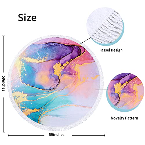 Benefeet Sox Beach Towel Large Round Mandala Pool Towels Tassels Microfiber Quick Dry Beach Blanket Throw Bohemian Roundie Swim Pool Circle Towel, 59 Inches - color: Colorful Marble Liquid Quicksand, Gradient