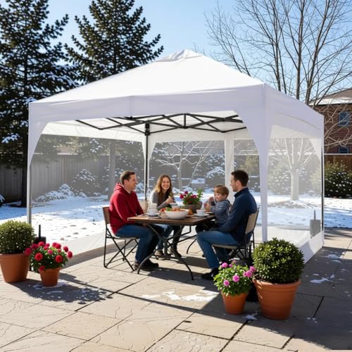 8x8 FT 1-Button Push Pop Up Canopy with 4 Clear PVC Sidewalls, Sandbags, Instant Canopy Tent for Outdoor Events - color: White, size: 8x8 with PVC Sidewalls