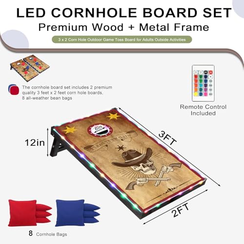 LED Cornhole Set, 3 x 2ft / 4 x2 ft Cornhole Board Game Set, Corn Hole Outdoor Game, Multi-Design with Light-Up Border, 8 Bean Bags, Carrying Case for Backyard, Beach, Lawn - color: Western Theme, size: 3'x2'