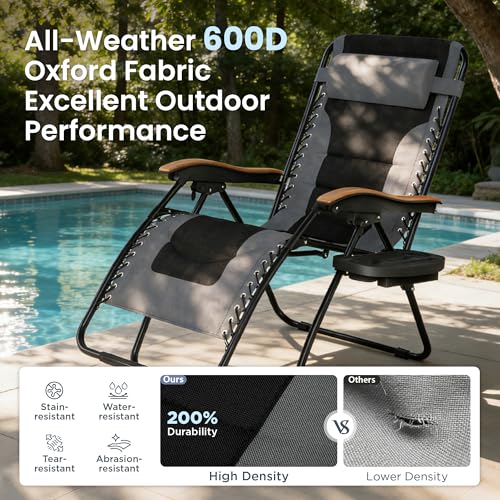 PHI VILLA XXL Oversized Padded Zero Gravity Chair, Foldable Patio Recliner, 30" Wide Seat Anti Gravity Lounger with Cup Holder, Support 400 LBS (Gray) - color: Grey, style: 1 Pcs