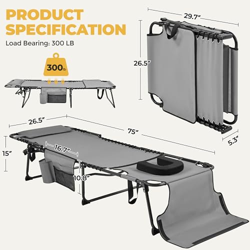 Yaheetech 26.4" Tanning Chair with Face Hole, Adjustable 5-Position Folding Chaise Lounge Chairs, Outdoor Lounge Chairs for Lawn, Beach, Patio, Gray - color: Grey, size: 26.4"