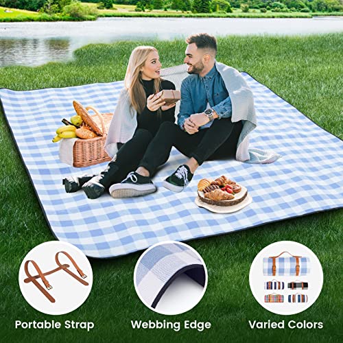 sapsisel 80”x 80” Picnic Blanket Extra Large, Waterproof and Foldable Beach Blanket, 3-Layer Outdoor Blanket for 6 to 8 Adults, for Camping, Park, Beach, Grass, Indoors… - color: White & Blue Grids