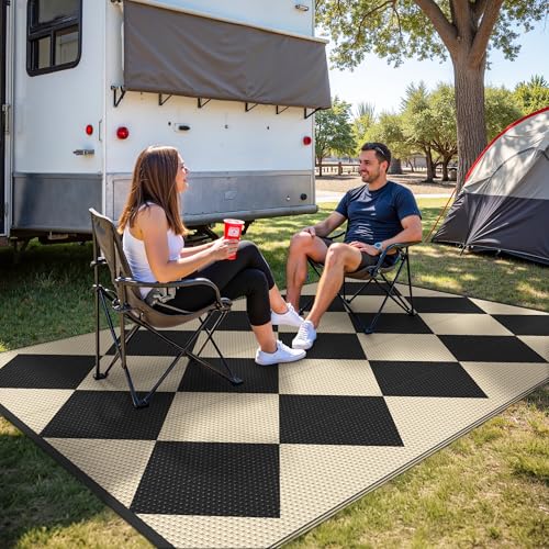 GENIMO Outdoor Rug for Patio Clearance, 6'x9' Reversible Geometric Plastic Straw Rugs, Lightweight Waterproof RV Camping Mat for Camper, Balcony, Deck, Backyard, Picnic, Black Beige - color: Black&beige-z, size: 6' x 9' (Rectangular)