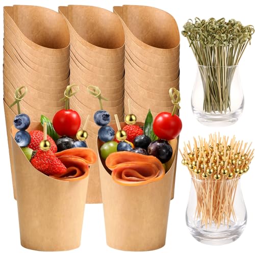 50 Pcs Charcuterie Cups with Skewers, 12 Oz Paper Snack Appetizer Cups with Cocktail Picks, French Fry Holder Brown Kraft , Disposable Popcorn Boxes Cones, Party Board Favor(50 ConeCups + 200 Sticks) - size: 50 Pcs Set