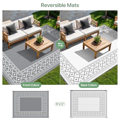 GENIMO Outdoor Rug Waterproof for Patio, 9'x12' Reversible Plastic Straw Outdoor Carpet, Camping Outside Mat for Outdoor Decor, RV, Deck, Camper, Balcony, Picnic, Grey & White - color: Grey & White | Natural, size: 9' x 12' (Rectangular)