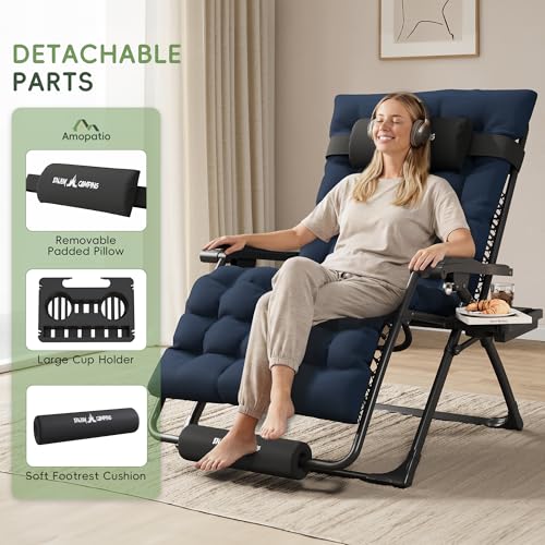 Amopatio Oversized Padded Zero Gravity Chair, XL 29In Reclining Camping Lounge Chair w/Removable Cushion&Headrest, Upgraded Lock and Footrest, Folding Patio Recliner for Indoor Outdoor, Navy - color: Blue XL, size: 29in