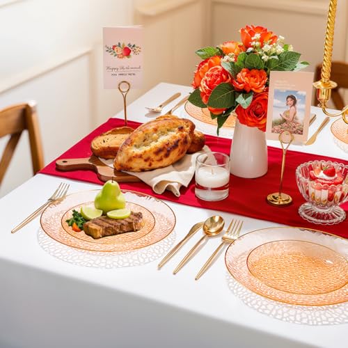 Rubtlamp 60Pcs Orange Plastic Plates, Orange Disposable Plates With Gold Rim, Hammered Plastic Plates Include 30 Dessert Platos, 30 Dinner Platos for Party - color: Clear Orange Gold