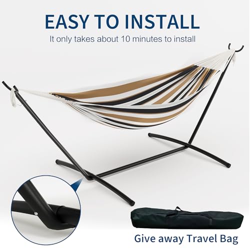 Double Hammock with Steel Stand - 2 Person Hammock Bed Indoor Outdoor, Brazilian-Style, with Carry Bag, 450lb Capacity, Portable & Easy Assembly, Coffee - color: Coffee