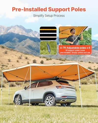 VEVOR 270 Degree Awning with Bulit-in LED Lights, 133 sq.ft Driver Side Vehicle Awning, Waterproof UV50+ Car Side Awnings, All-Weather Free-Standing Overland Awnings Car Shelter for SUV Truck Camping - color: Khaki 270° 20*6.7ft Car Awning with LED