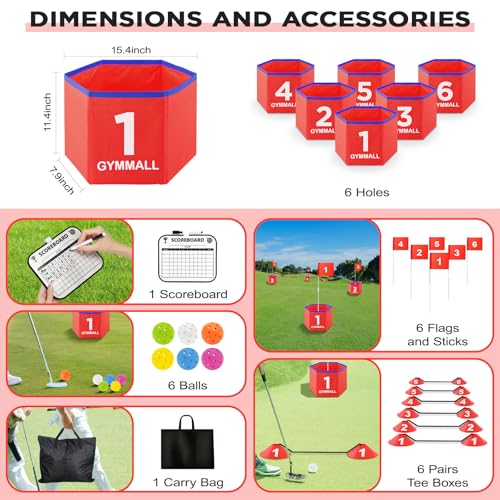 Golf Bucket Yard Game, Backyard Golf Set for Kids, Adults and Family, Outdoor and Indoor Portable 6 Holes Golf Course with Balls, Flags and Carry Bag for Lawn, Park, Beach and Hotel - Red - color: Red, size: 6 Holes