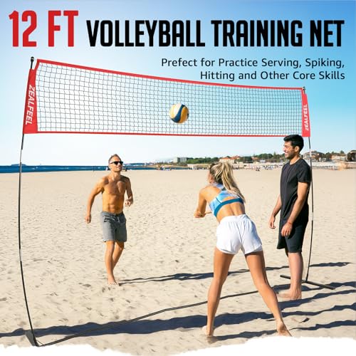 ZEALFEEL Volleyball Net, 12FT Training Set with 3-Level Adjustable Height (8'/7.4'/6.6'), Freestanding Portable Practice Net for Backyard, Serving & Spiking Drills, with Carry Bag for Outdoor & Indoor - style: 12FT Volleyball Net 3-Height Adjustable