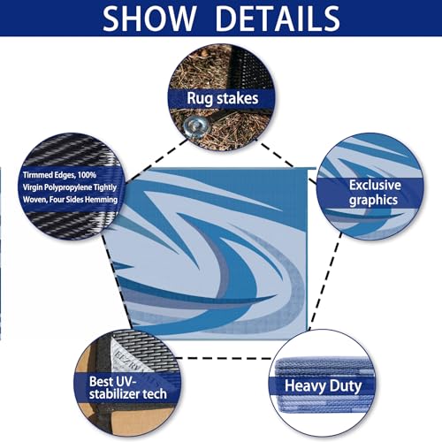 EEZ RV Products 9'x18' Heavy Duty Reversible/Durable Outdoor Patio/RV Mats Come with Large Storage Bag & 6 Sets of Stakes and Washer (Wave Blue) - color: Wave Blue, size: 9' x 18' (Rectangular)