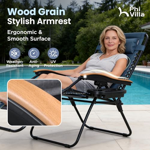 PHI VILLA XXL Oversized Padded Zero Gravity Chair Set of 2, Foldable Patio Recliner, 30" Wide Seat Anti Gravity Lounger with Armrest and Cup Holder, Support 400 LBS (Blue Accents) - color: Blue Accents, style: 2 Pcs