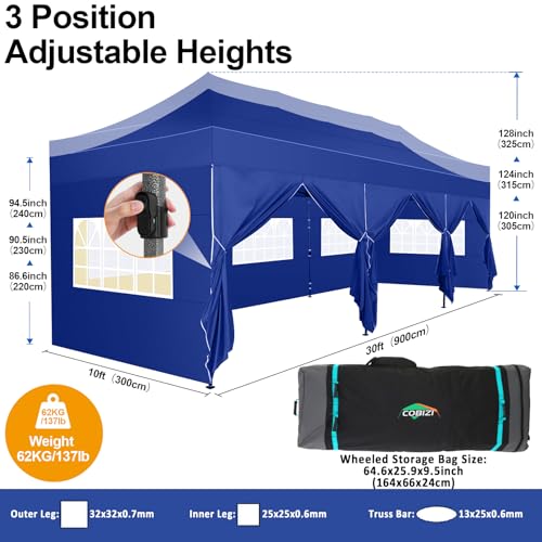 COBIZI 10x30 Pop up Canopy Tent 10x30 Canopy with 8 Sidewalls Waterproof Heavy Duty Commercial Canopy Tent for Parties Outdoor Garden Gazebo, Carry Bag with Wheel(10x30ft, Dark Blue) - color: Dark Blue, size: 10X30FT 8 Sidewalls