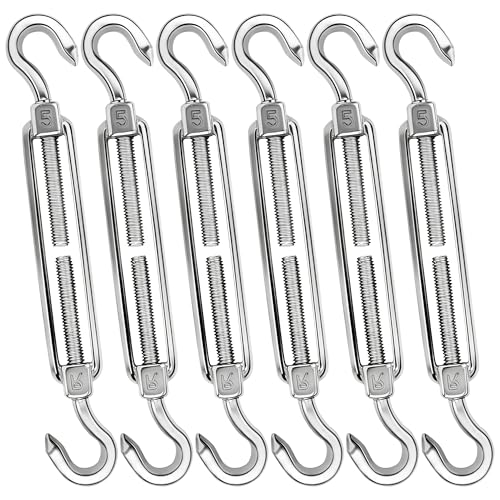 yofit 5 Inch Turnbuckle, 6 Pcs Shade Sail Hardware with Stainless Steel Turnbuckles Kit Hook and Hook Turnbuckle Tensioner for Sun Shade Cables Wire Rope Patio Outdoor - size: 5 Inch Turnbuckle-6 pcs