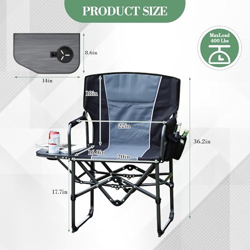 Oversized Camping Directors Chair, Portable Folding Lawn Chairs for Adults Heavy Duty with Side Table, Outdoor Foldable Camp Chair with Pocket for Beach, Fishing, Picnic, Outdoor Foldable Camp Chair
