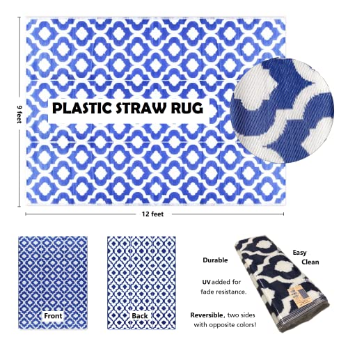 Outdoor Rug - 9x12 Blue, reversible Recycled Plastic straw Outdoor Patio Rugs Clearance Waterproof Large RV Camper Rug 484 - color: Blue, White, size: 9' x 12' (Rectangular)