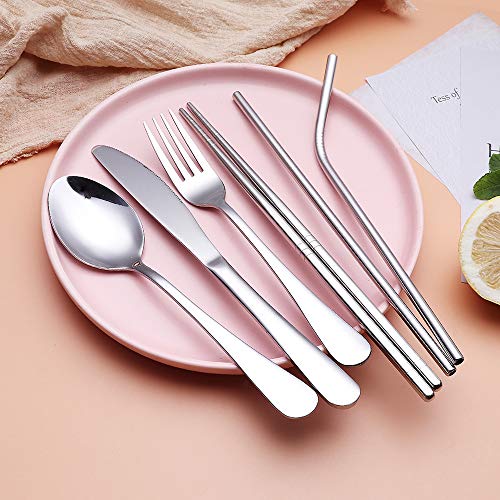Travel Stainless Steel Utensils Set with Case – 8-Piece Reusable Flatware Kit Includes Fork, Knife, Spoon, Chopsticks, Straws, Brush & Bag – Portable Cutlery for Camping, Work, Picnic (Silver) - color: Silver