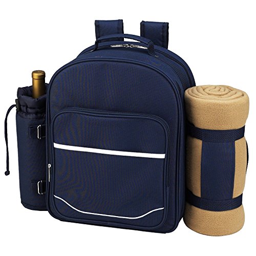 Picnic at Ascot - Deluxe Equipped 4 Person Picnic Backpack with Cooler, Insulated Wine Holder & Blanket - Trellis Green - color: Navy/White With Trellis Green