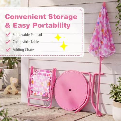 KOTEK Kids Picnic Table with Umbrella, Outdoor Table & 2 Folding Chairs, Cute Pattern Children’s Patio Furniture, Portable Kids Table and Chair Set for Backyard, Garden, Beach (Pink Flower) - color: Pink Flower