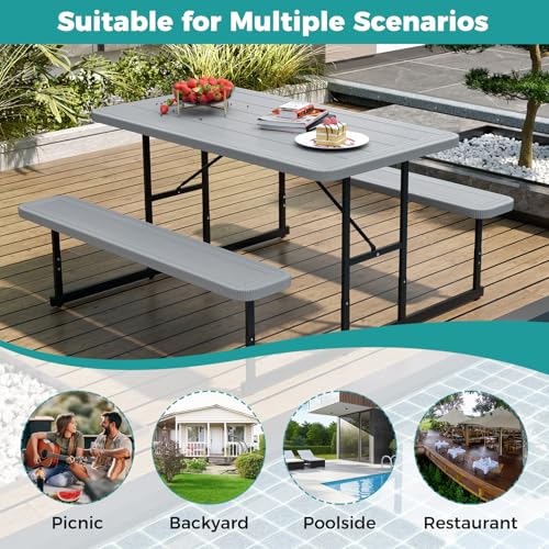 LDAILY Picnic Tables with Benches, Rectangular Dining Table Set for Outside 4 People, HDPE Tabletop, Metal Frame, Umbrella Hole, Heavy Duty Picnic Table for Outdoors, Patio, Lawn, Commercial (Gray) - color: Grey
